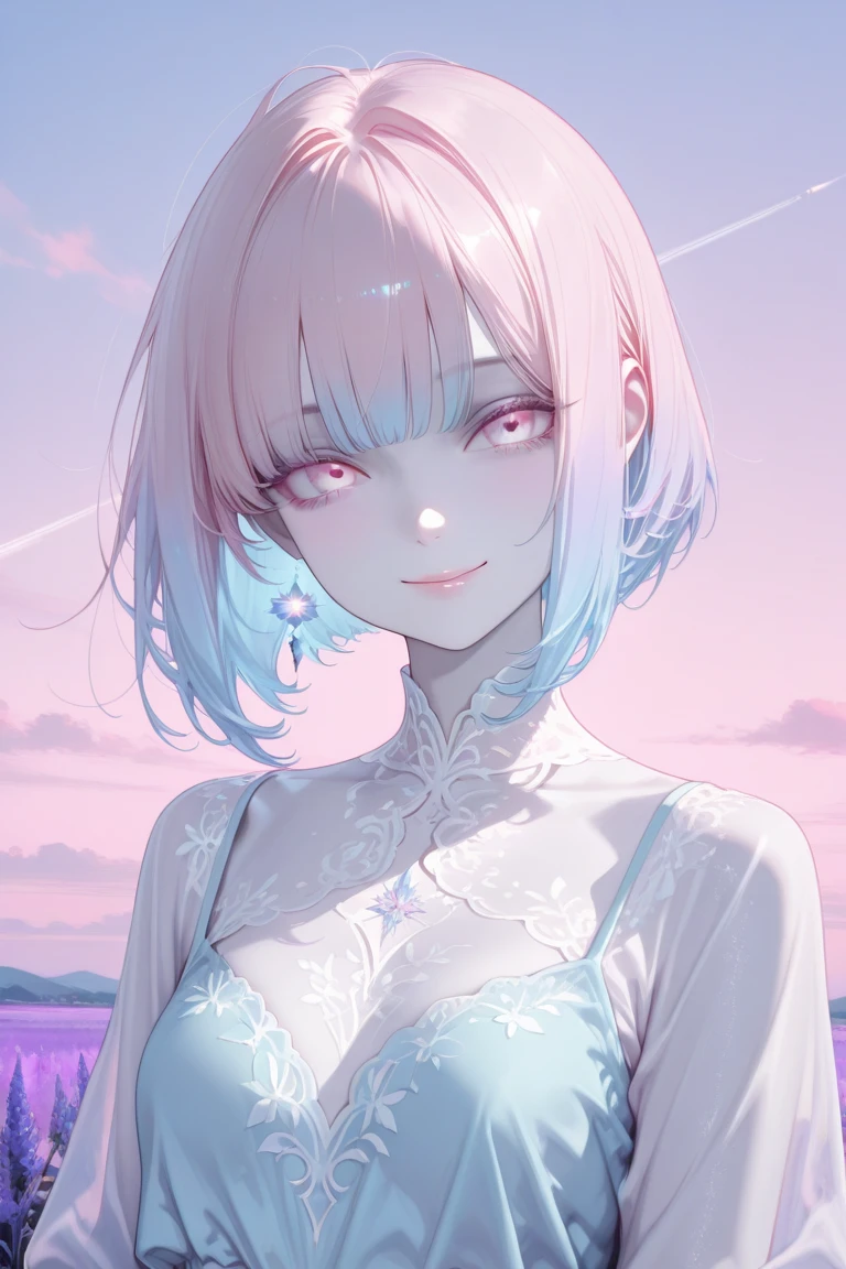 White hair. Short hair. Inner pink hair. Anime girl. Pink eyes. Glowing eyes. Nekomimi. Smiling. Tanktop. Wet armpit.