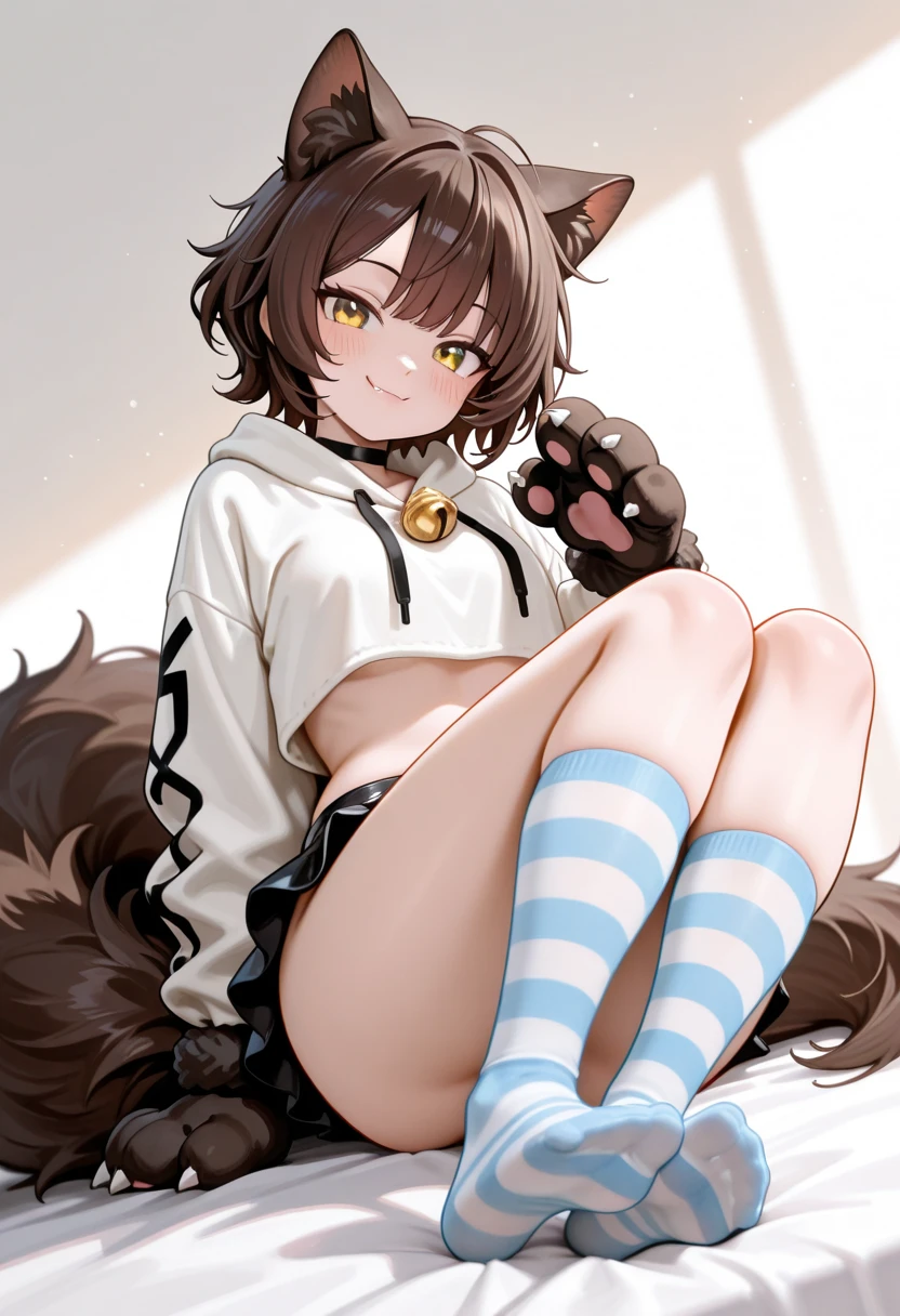 high quality, high detail, sharp picture, otter anthro, female otter anthro, (white fur:1.5), fit, abs, black crop top hoodie, black panties, black stockings, siting, spreding legs, poseing blushing
