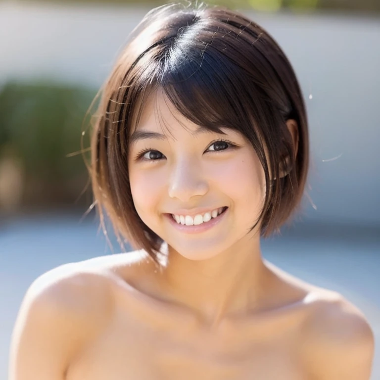 lens: 135mm f1.8, (Highest quality), (Beautiful 14 year old Japanese girl), (Moisturized lips), Narrow eyes, double eyelid, Delicate clavicle, Flat Chest , Embarrassed about my small, undeveloped breasts, smile, (Spotted sunlight: 1.2), Professional Lighting, (Petite figure), (Sunburned skin: 0.2), Full body photo, Full Body Focus, Crouch down、A neat and tidy honor student、Underlender body、(nude,Completely naked:1.5)、Boyish very very short hair、