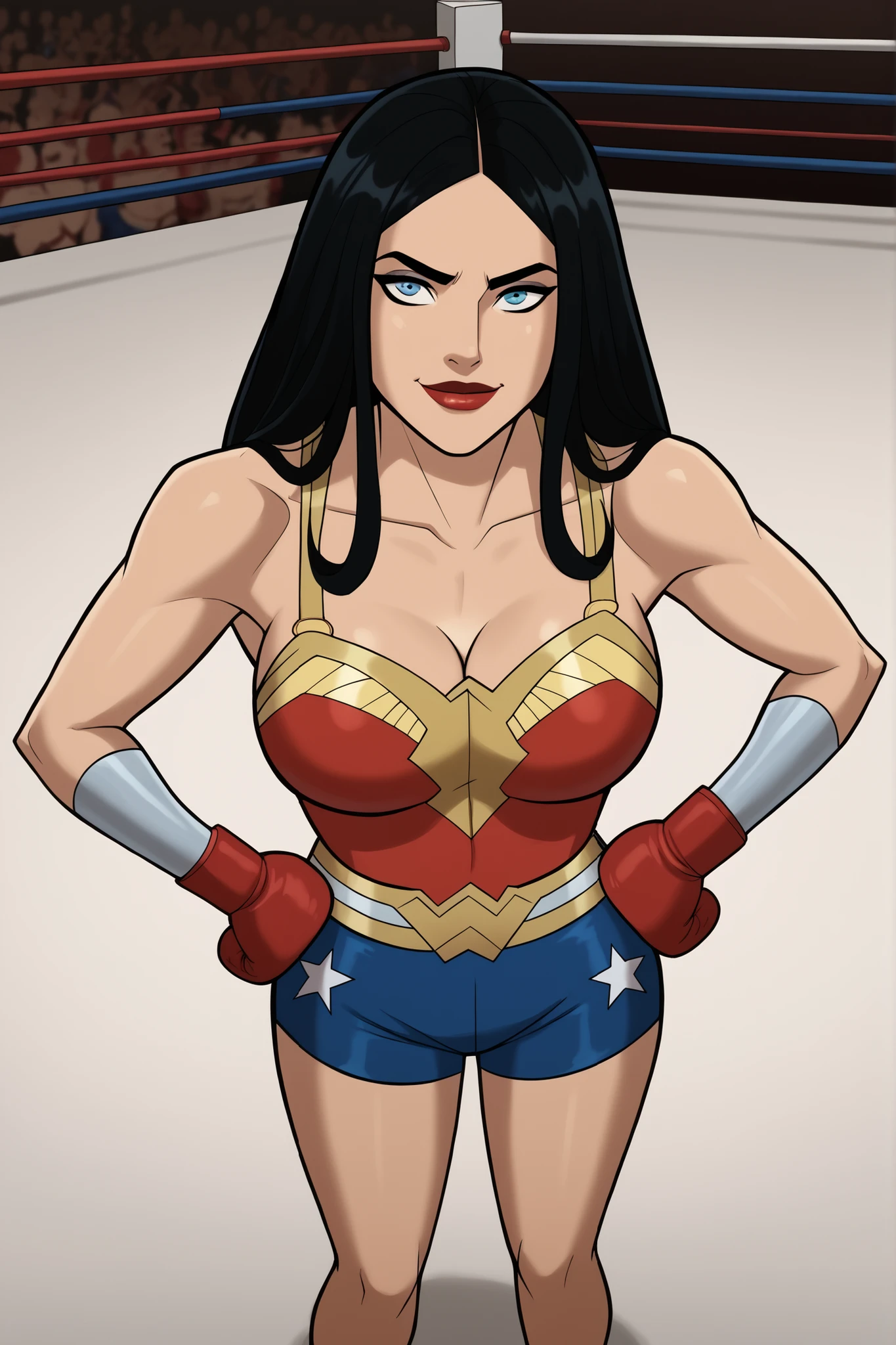 safe_pos, score_9, score_8_up, score_7_up, score_6_up, BREAK, solo, 1girl, wonderwoman, long hair, black hair, blue eyes, large breasts, cleavage, curvy, athletic, smile, closed mouth, bedroom eyes, sultry expression, looking at viewer, wide hips, lipstick, makeup, red bikini top, blue spandex shorts with white trim, red boxing gloves, indoors, boxing ring, standing, hands on hips, closeup, portrait, facing forward, high-angle view
