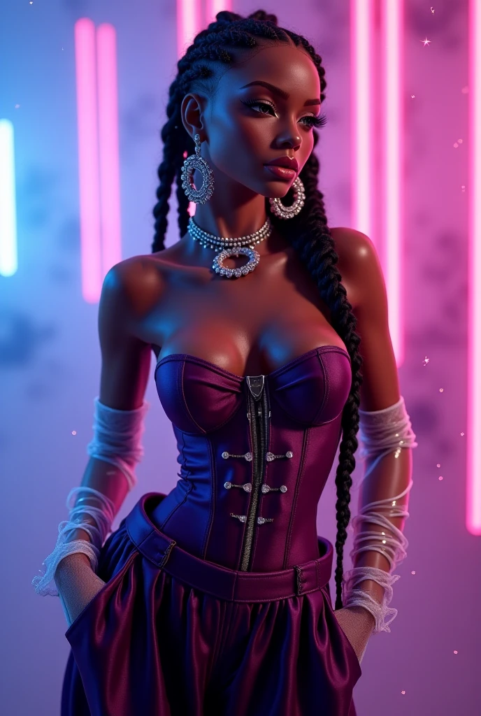 master piece, 8k detail, beautiful black woman in a black corset. pink lips. sunlight at 11am. NO (white) background.