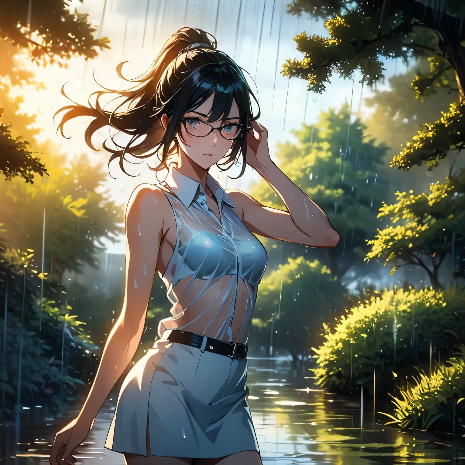 animation, masterpiece, best quality , one girl, cowboy shot, silver hair, long hair、ponytail、glasses, A straight nose、small breasts、amber eyes, lonely expression、light blue see-through short shirt、white short skirt, sleeveless、dancing, forest, water, magic hour, windy, (((rain)))