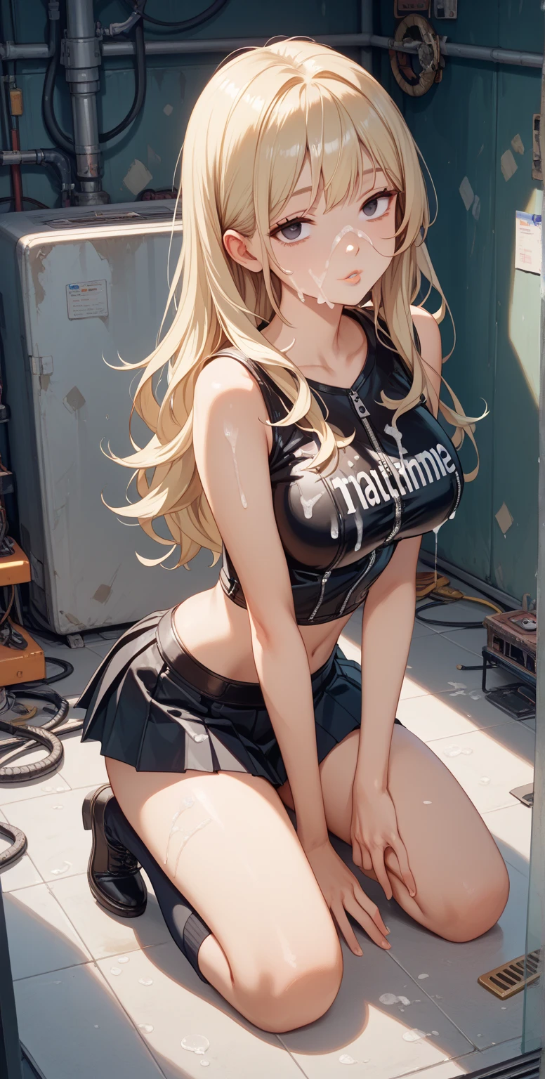 Anime Kawaii sexy Perfect Slim sensual body large breast and huge thighs, An intricate and highly detailed illustration of anime (Young girl) (best qualityer, work of art) ((1 girl)), ((única Woman)), Woman, Thick, big cleavage, Jumpy, hot head, melhorar, skin tanned, ((abdomen)) (darkskin) eyes black, hair blonde, Messy hair, ((((Tank Tops)))), sloppy, sitting on the floor, messy table, empty canned beers, inside a house