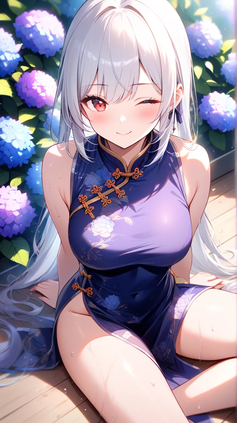 (​masterpiece)、(top-quality)、(ultra-detailliert)、独奏、Beautiful girl with silver hair、Anime Loli、Cat eared loli、Light blue see-through cheongsam in light color、Short cheongsam、sleeve less、a smile、thigh focused、Cleavage emphasis、Waterfalls and springs deep in the mountains