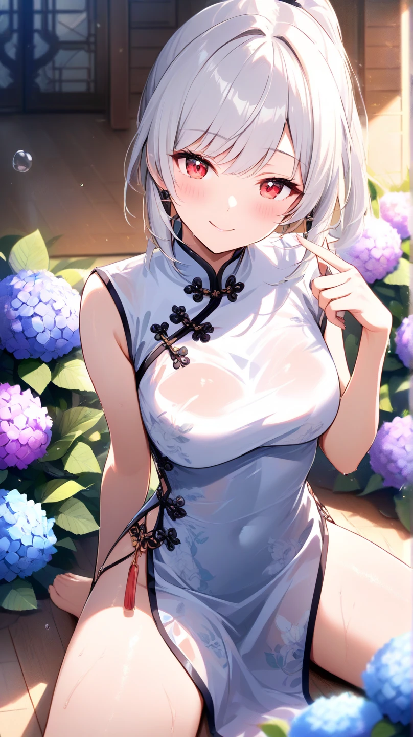Masterpiece, Top Quality Anime Illustration, Super Detail, Single Girl, Solo, Beautiful Girl with Silver Hair, Anime Loli, Cat Ear Loli, Pale Color Grass See-Through Cheongsam, Short Cheongsam, Sleeveless, Smile, Bare Skin Side Breast, Thigh Focus, Cleavage Emphasis, Hot Spring