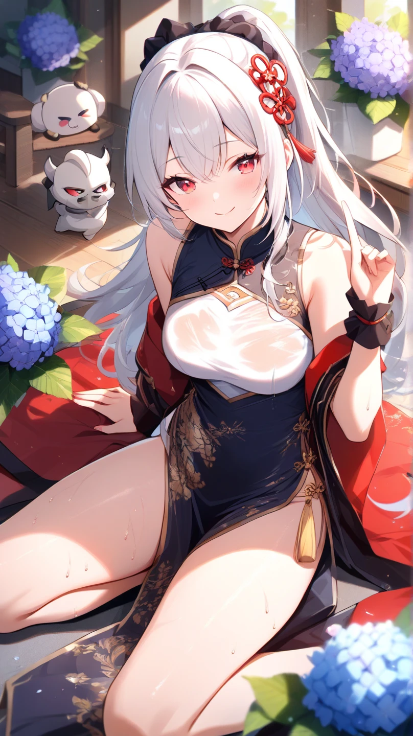 PrinzV4; sharp_eyes;
white hair, hair ornament, heart-shaped pupils, sanpaku, earrings, makeup, smile, evil smile, blush,
black kimono with a rosery pattern, barefoot, beautiful legs,
high detail, anime, anime style, depth of field, cinematic lighting, ray tracing, dithering, from above, perspective, Canon, f/1.2, 35mm, bokeh, Wide-Angle, UHD, retina, masterpiece, ccurate, anatomically correct, super detail, high details, high quality, award winning, best quality, highres, 16k