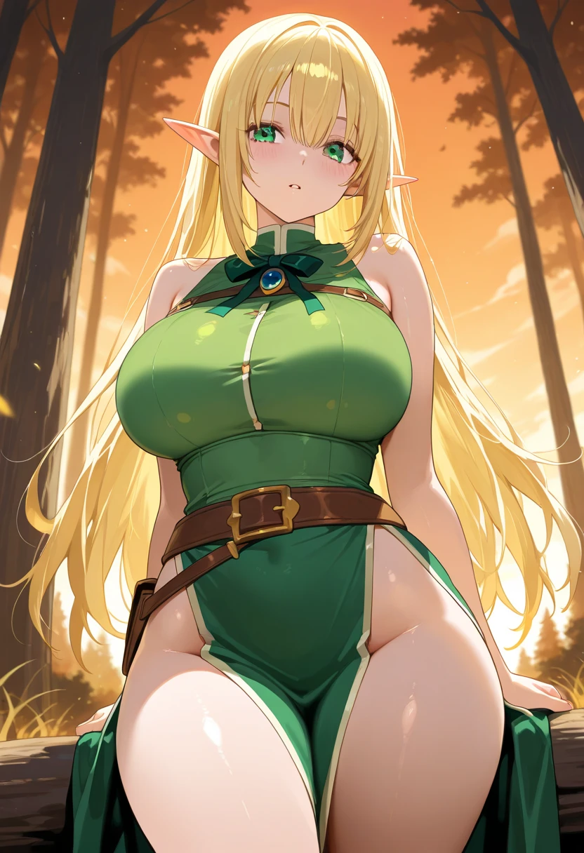 (masterpiece, best quality, ultra-detailed, high resolution, detailed eyes), nsfw, {vulgar}, takeda hiromitsu style, (1 mature female), elf, long straight hair, blonde hair, curvy body, white skin, green clothes, forest, leaning against big tree, cowboy shot, pov