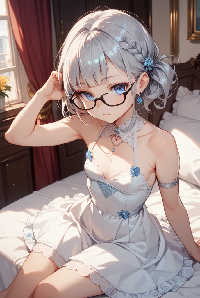 ((best quality)), ((highly detailed)), masterpiece, absurdres, (detailed eyes, deep eyes), (1girl), (glasses), dynamic pose, cowboy shot, <lora:Squchan:.7>, squchan, animal ears, SQUCHANWHITEHAIR, SQUCHANSEXYWEAR, SQUCHANOCTOPUS, (at a castle, midday)