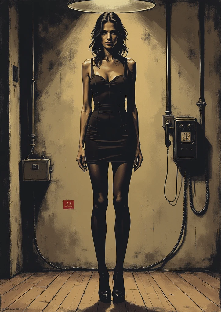 Impresionist primitive Oil painting. A high angle, floor level view of an beautyfull elegant 30 year old european women towering above the viewer, her high heels filling up the foreground. She is looking down at the viewer with an alluring smile, exuding confidence and superiority. She wears a minimalistic yet elegant dress and nylon stockings and platform heels. Indoor setting. She stands with shopping bags in the front door. Fisheye lens, dramatic, cinematic, painting, brush marks,  best quality, ultra sharp image, 4k