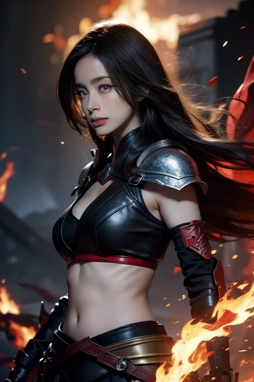 8k,(Samurai)、Devil Mask、Super Beauty(Like the real thing)、Red Armor Solo Adult Devil Woman、Muscular macho body type,Super Muscular Beauty,Bodybuilding,(Equipped with a long and large spear)、Mature Woman Big Woman Devil。Sturdy jaw(Like the real thing),Stand facing forward,Demon Armor,A wonderful work of art,((Kyoto Panel Style))、Wind effects:1.9、Cloud effect:1.2、Full Rendering,Devil makeup,masterpiece,Photorealistic RAW photos of the highest quality。Bright colors,Rich colors, Backlight, Cinema Lighting, Film Grain, 50mm lens, Nikon D850,Ultra-Realistic Skin,Fantasy art,Character Art,Ultra-high resolution,Realistic scale skins,Perfect hand shape,View your viewers,View your viewers,Top-down view,close,Dynamic fighting pose,