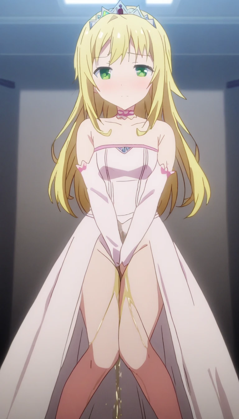 1girl, aaichika, tiara, bridal veil, necklace, cleavage, wedding dress, strapless dress, white dress, white gloves, elbow gloves, from below, skirt lift, white panties, bare legs,, masterpiece, best quality, highly detailed, beatrix amerhauser, long hair, blue eyes, blonde hair, gloves, ponytail,