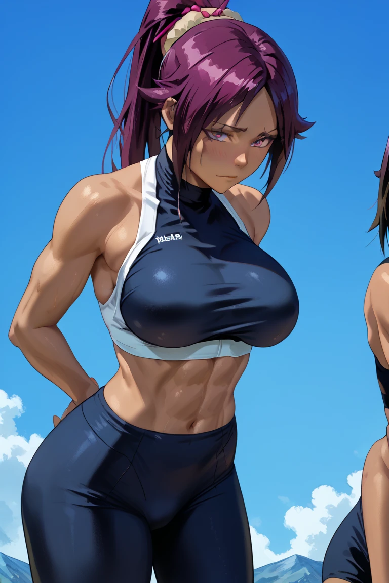 Sakurauchi riko, pink skinny sweet pants, tight gym bra, sweating,sweat drops ,  (cleavage:0.7),unstyled hair,wet hair,yellow eyes,thicc legs, posing for picture, slightly smile,(squatting), crouching