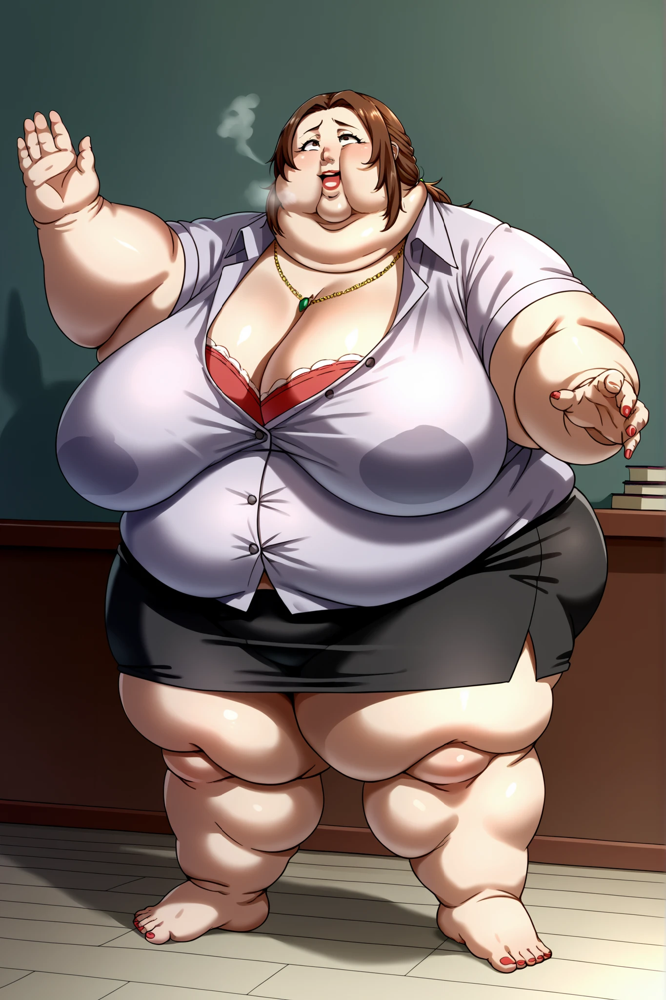 Anime Women, Lady、Forehead、Braid、Glasses、Hanging eyes、Brown eyes、Are fat、Chubby、Voluptuous、obesity、Double chin、Cheek、Fat-covered neck、Big Breasts、Saggy breasts、Thick upper arms、Fat Belly、Sagging belly、tall、Dark brown office suit、High heels、Sweat、Embarrassed、Exercising
