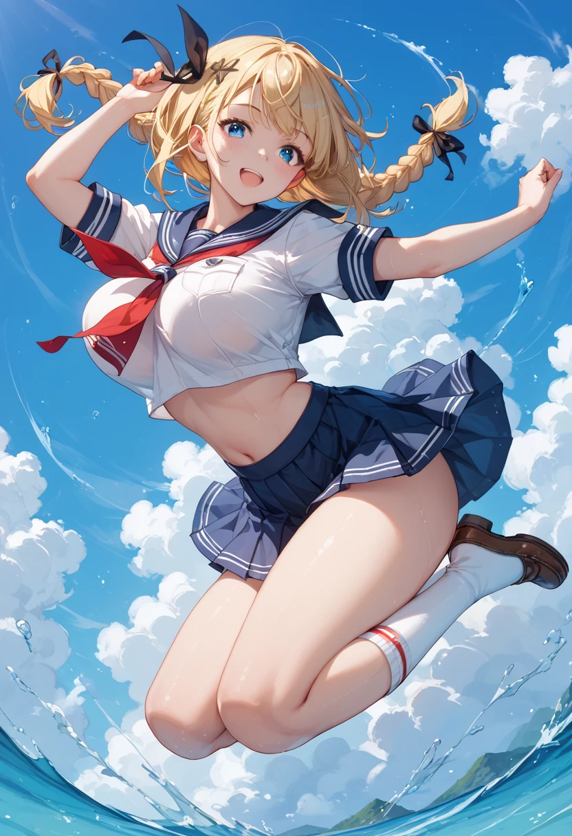 1girl,realistic,short hair,gigantic breast, uniform,sailor suit,extremely detailed eyes and face,longeyelashes,beautiful detailed lips,masterpiece,full body,blue background