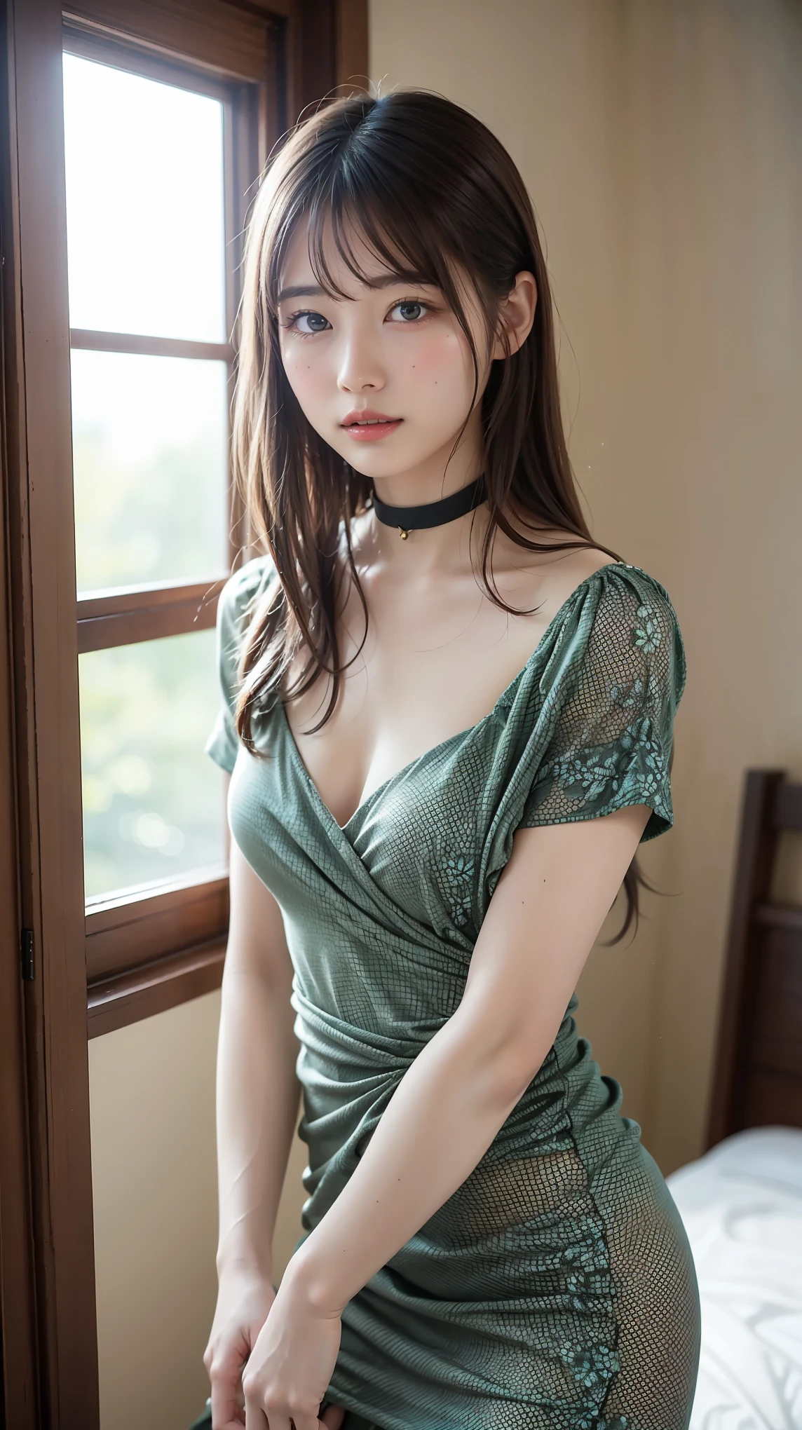 portrait of a lovely, 30 years old, gray hair, short ponytail, big dark green eyes, plump breasts, Light jumpsuit, realism, ink,smudge, 4k, high detail,noise, additional, real picture, .PSD, Lamp film photography, sharp focus, contrast lighting, delicate skin, high resolution 8k, Crazy details, lifelike, Professional photography, 8K Ultra HD, SLR camera, soft light lighting, high quality, film grain, Fuji XT3,masterpiece,surreal,Super fine