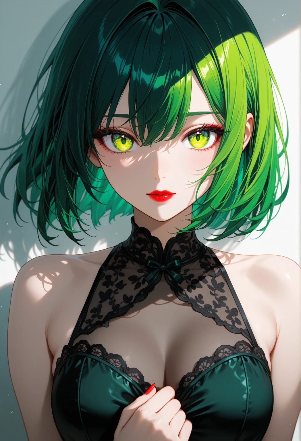 green eyes, (green color hair:1.2),By bang，short hair, flawless skin,dainty smile,vibrant red lips,
BREAK (bath yukata,purple bra:1.2)
BREAK laying on bed, looking at viewer, side angle, blush,
BREAK (masterpiece:1.2), best quality, high resolution, unity 8k wallpaper, (illustration:0.8), (beautiful detailed eyes:1.6), extremely detailed face, perfect lighting, extremely detailed CG, (perfect hands, perfect ???????),