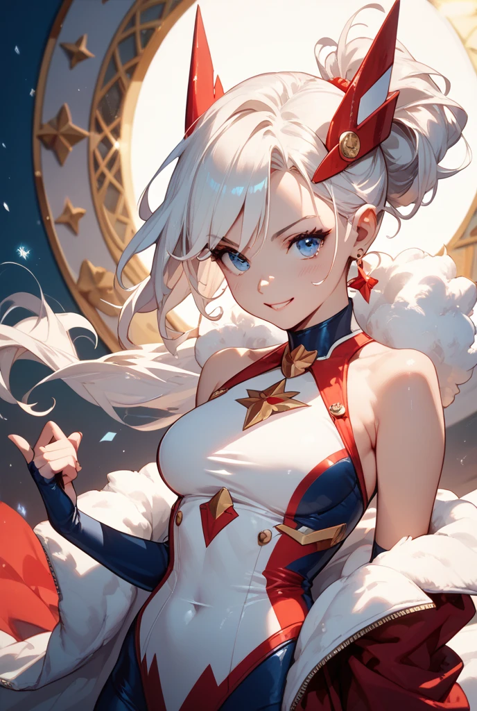 (tmasterpiece, beste-Qualit:1.2), 独奏, a 1girl, Colette, sharp teeth, \:D, Background of the amusement park, white colored hair, Shirt with two-tone collar, red vest, sleeves behind the wrists, backboob, behind, Shows ass