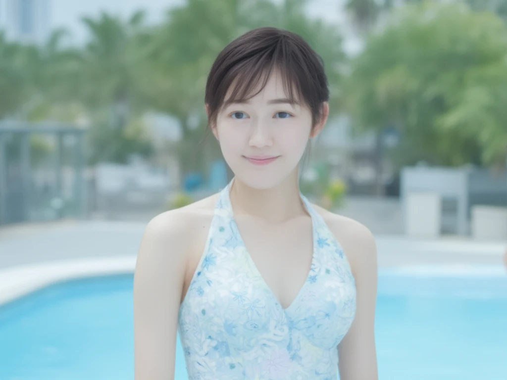 Royal blue and white one piece swimsuit, (Photorealistic:1.4), (hyper Realistic:1.4), (Realistic:1.3), (Smooth lighting:1.05), (Improve the quality of your video lighting:0.9), 1 female, 26-year-old female, Realistic lighting, Backlight, Facial Light, Ray Tracing, (Cheerfulness:1.2), (Improved image quality:1.4), (High-quality realistic textured skinny eyeshadow, Small face, Red cheeks, Slender body, Big Breasts,9 heads,Beautiful legs,Pointed jaws, Japanese Idols, Nogizaka Idol, Glowing Skin, Fiery idol pose, By the pool, Blunt bangs, Light brown hair, Hair behind the ear, Shoulder hair, Medium Hair、Shiny, oily skin