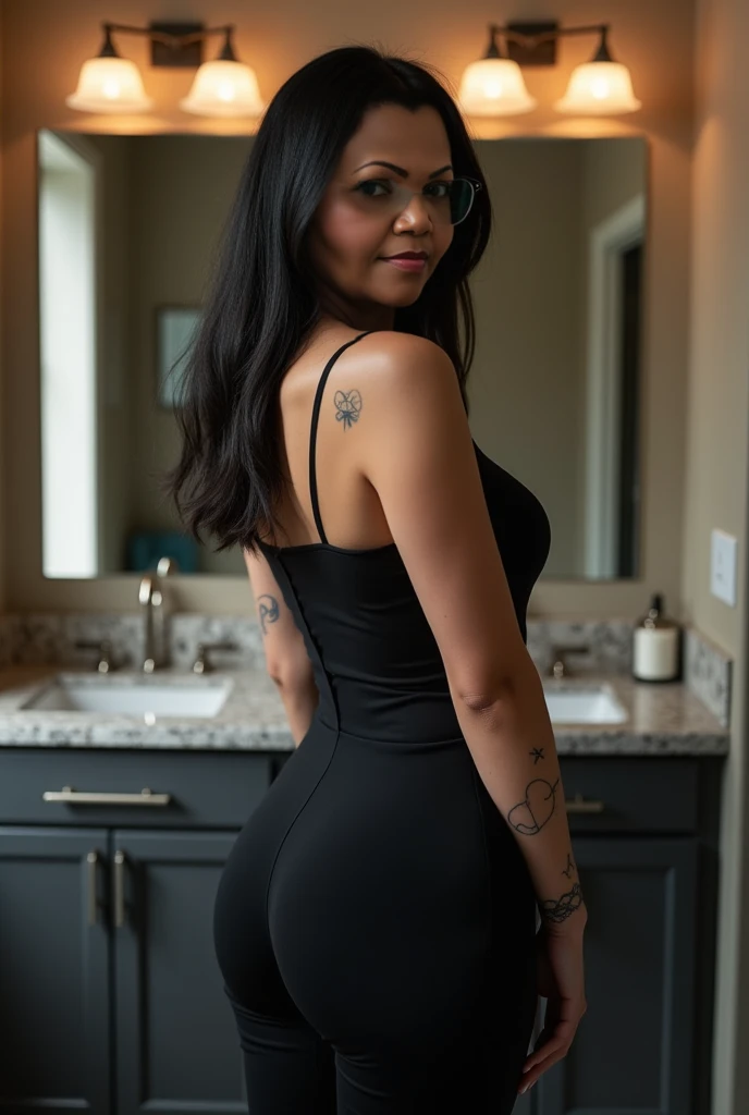 23 year old young woman big big ass black eyes black hair sexy pose dressed in a long tight black dress in a white and modern kitchen in front of fridge white