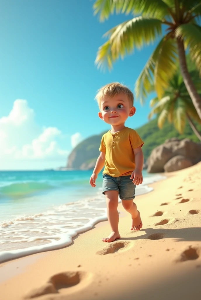 On a vibrant, Wes Anderson-inspired beach, a sun-kissed boy with blonde curls builds an elaborate sandcastle, his face beaming with pride and accomplishment.