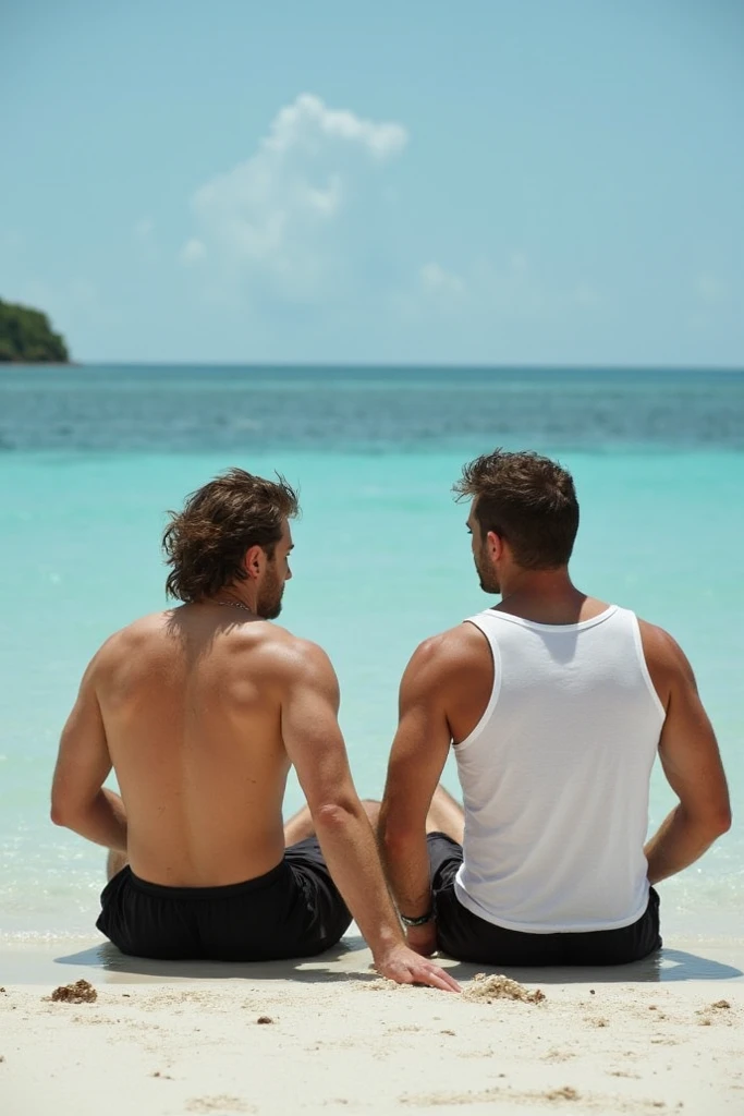 Wuilian Levy and David Sepeda together on the beach in swimsuits
