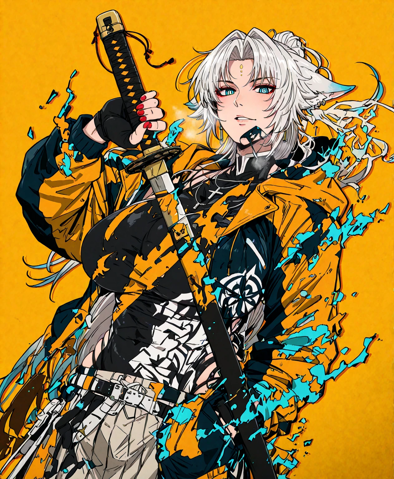 IliustraBloom, (PuriPuri _jet-style:1.4), (kunaboto-style:1.4), (Alecto_0-style:1.1), (mark_Gavatino-style:1.1), (Skirts_(Kirieroido)-style:1.3), (anime coloring, anime screencap), shiny skin, ((anatomical correct)), ((cinematic, unreal engine, eye-catching , ambient occlusion, UHD, masterpiece)), ((perfect lighting, dim lighting, soft shadow)), perfect body, perfect eyes, perfect fingers, gasping, heavy breathing, gasping profusely, ((skindentation)), ((curvy)), Fe1x10, animal ears, long hair, ponytail, multicolored hair, white hair, red eyeliner, ((ringed eyes)), forehead mark, ear piercing, ((mature female)), plump, 1girl, sword, weapon, Alone, jewelry, katana, hand_in_pocket, earrings, gloves, holding_weapon, holding_sword, Fingerless_gloves, holding, red_nails, yellow_background, Looking_at_viewer, piercing, sheath, ear_piercing, Cross, jacket, black_gloves, hood, orange_background, nail_ polish , necklace, parted_lips, simple_background, glowing effect, oil_painting, ((disintegration clothes))
