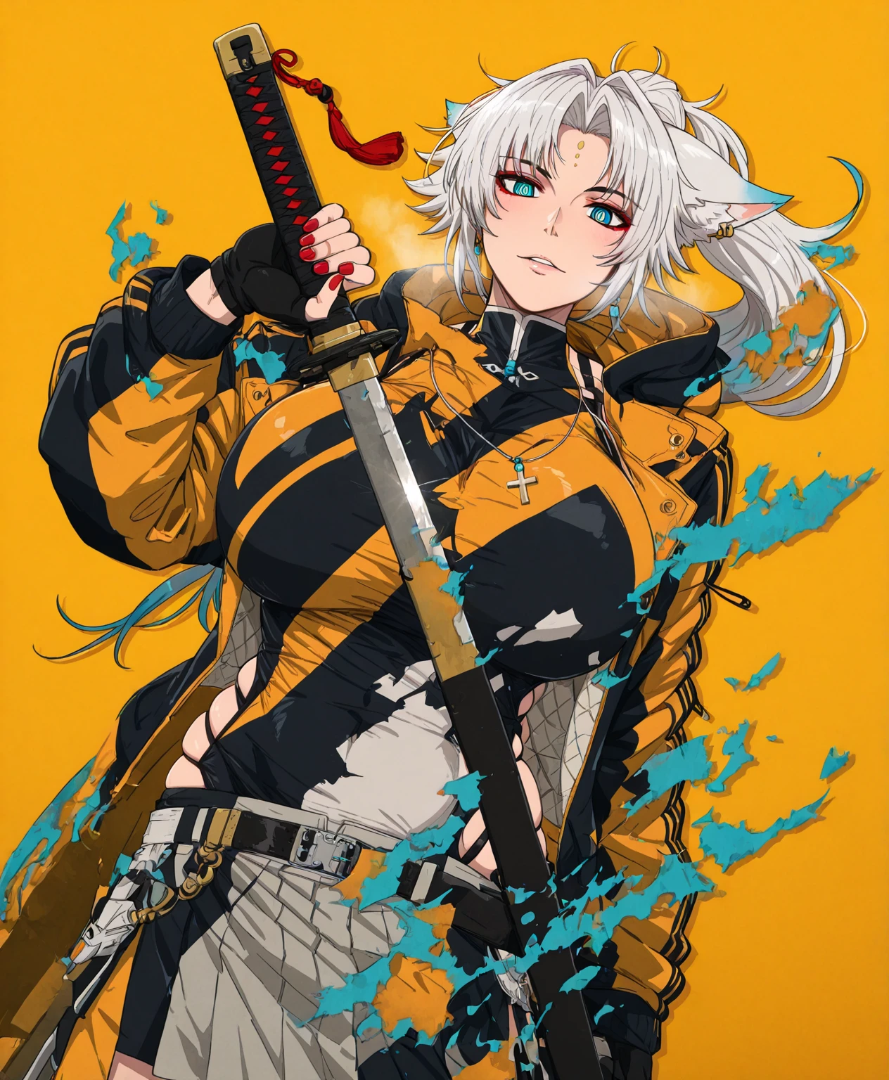 IliustraBloom, (PuriPuri _jet-style:1.4), (kunaboto-style:1.4), (Alecto_0-style:1.1), (mark_Gavatino-style:1.1), (Skirts_(Kirieroido)-style:1.3), (anime coloring, anime screencap), shiny skin, ((anatomical correct)), ((cinematic, unreal engine, eye-catching , ambient occlusion, UHD, masterpiece)), ((perfect lighting, dim lighting, soft shadow)), perfect body, perfect eyes, perfect fingers, gasping, heavy breathing, gasping profusely, ((skindentation)), ((curvy)), Fe1x10, animal ears, long hair, ponytail, multicolored hair, white hair, red eyeliner, ((ringed eyes)), forehead mark, ear piercing, ((mature female)), plump, 1girl, sword, weapon, Alone, jewelry, katana, hand_in_pocket, earrings, gloves, holding_weapon, holding_sword, Fingerless_gloves, holding, red_nails, yellow_background, Looking_at_viewer, piercing, sheath, ear_piercing, Cross, jacket, black_gloves, hood, orange_background, nail_ polish , necklace, parted_lips, simple_background, glowing effect, oil_painting, ((disintegration clothes))