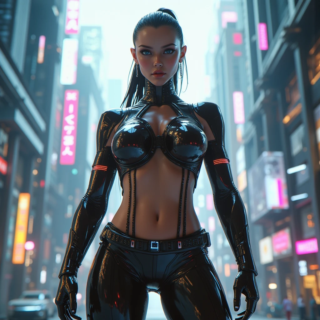 naked girl with sexy figure, cyberpunk style, I stand tall, dressed in neon mesh, against the backdrop of incredibly fantastic alien landscapes, 4k, 8K, Maximum realism, on the body only clothes made of transparent neural mesh and combat implants, emphasizing body lines , Photorealistic graphics, maximum attention to facial quality, HDMI, HD, high quality photo, PHOTO-REALISTIC BODY AND FACE, special attention to detail on the face and body. transparent, high-quality images of the face and body.