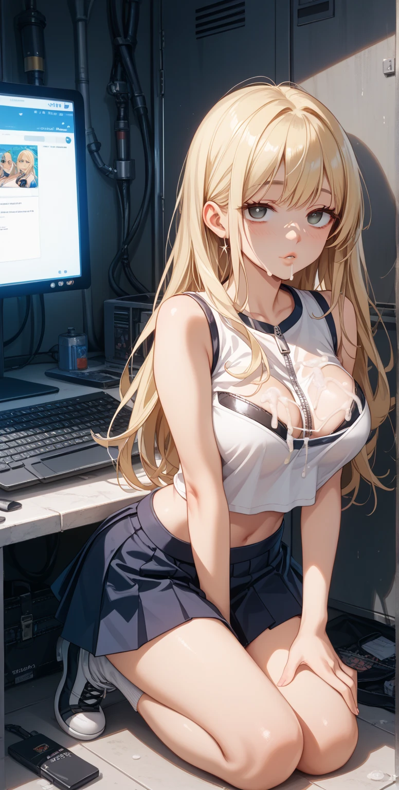 1girl, cleavage, from above, looking at viewer, head tilt, shoulder, collar bone, smile, long hair, bangs, knitted off-shoulder sweater, sitting, chair, indoor, depressive machines, green lighting, (surrounded by monitor:1.2), (cables installation everywhere:1.2), blonde hair, (gigantic breasts:1.2),