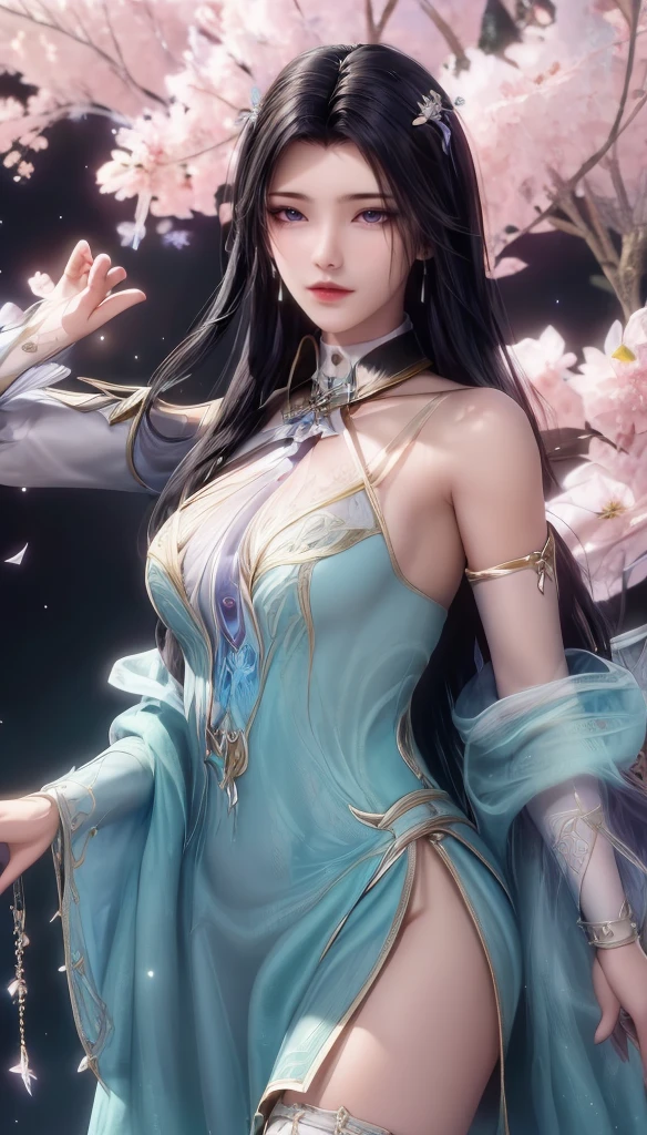 (full body photography)(((masterpiece))), Best quality, Illustration, Beautiful details, the goddess of water dancing gracefully in the water dressed in a goddess-worthy clothing with matching headdress and jewelry. turquoise-green water, waves beat high whipped up into beautiful shapes that flow , asian beauty, delicate face , extremely long black-indigo hair with headdress in hanfu style with flowers, mythologie, shinto, hanfu, komplette figur im bild, nachtszene, vollmond,
