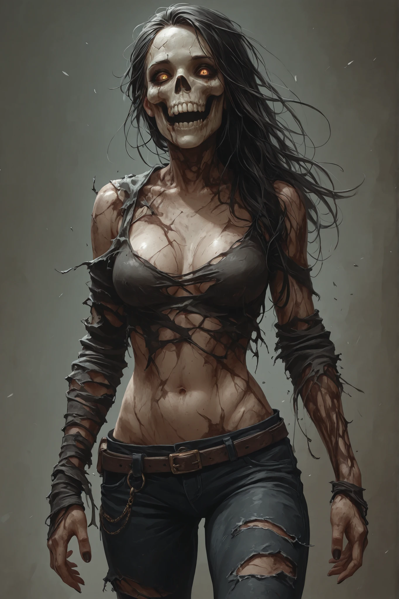 A zombie woman, with a very sexy and skull-like body, her tight and torn and torn clothes