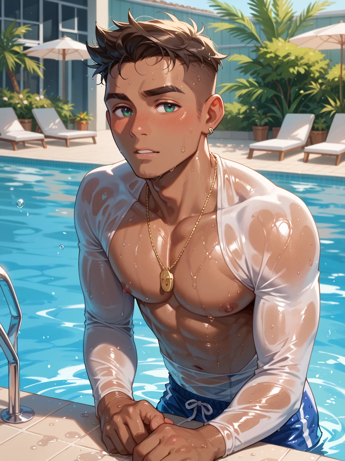 (a)poolside,naked Nick Jonas,(best quality,4k,highres:1.2),ultra-detailed,[nighttime](best quality,realistic:1.37) lighting,(concept artists,photography:1.1),horror,vivid colors,sharp focus,portraits,luxurious water reflection,glowing pool lights,rippling muscles,seductive atmosphere,sublime beauty,perfect summer escape,intense desire