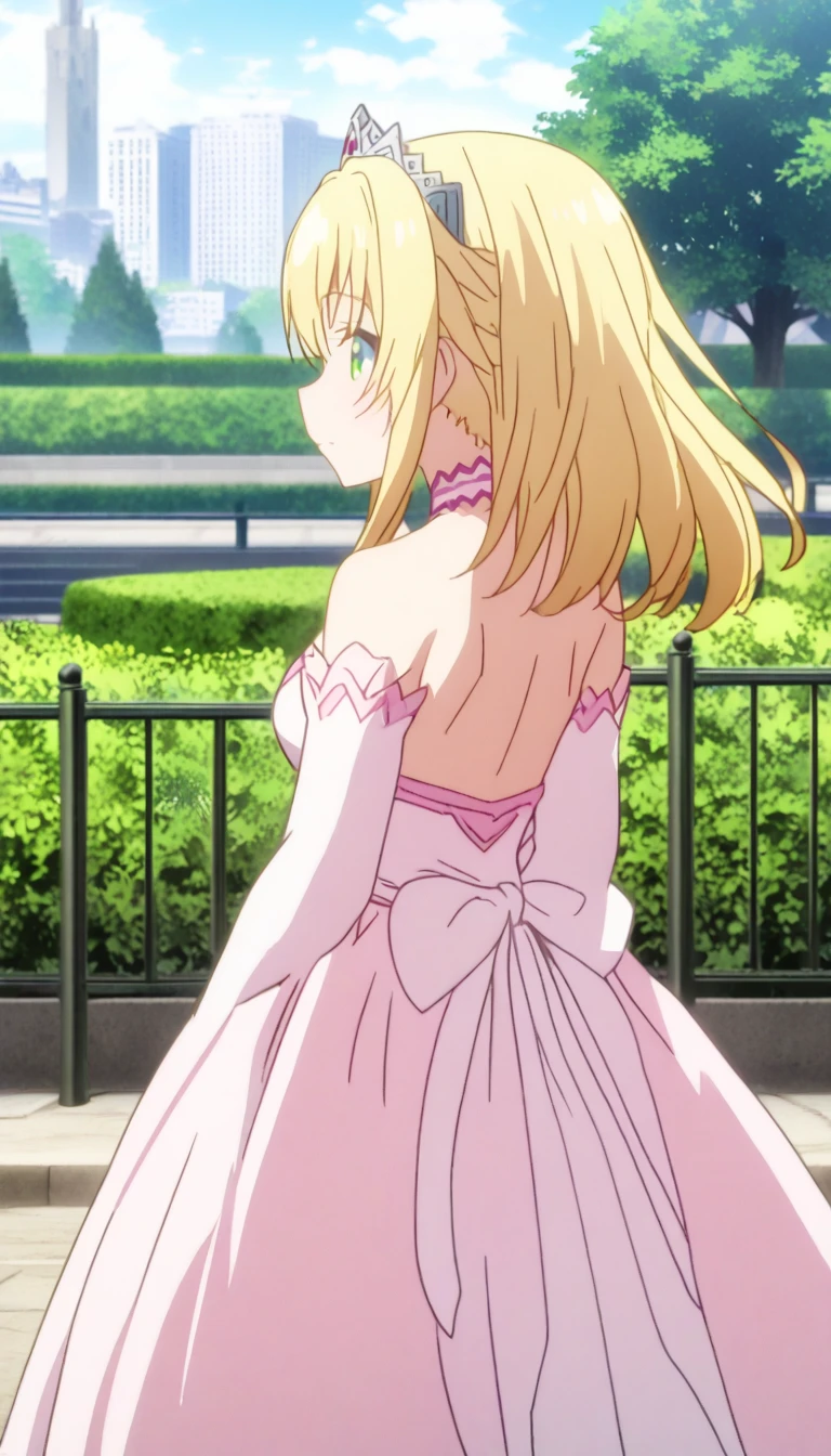 liliana, anime art style, 1girl, solo, long_hair, blonde_hair, gloves, dress, bare_shoulders, green_eyes, ponytail, choker, elbow_gloves, tiara, pink_dress, strapless_dress, v_arms, lamppost