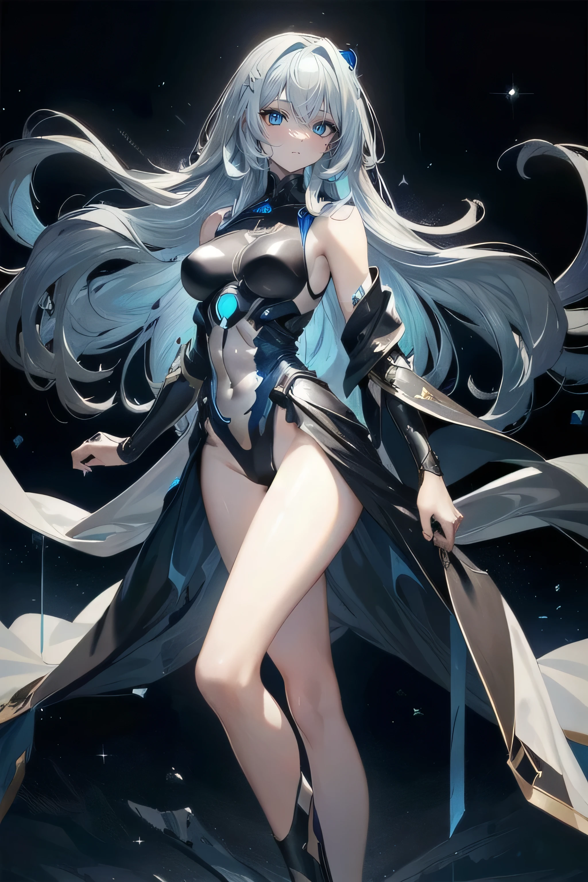Zephyra, a 62 meter wind goddess, emerges from a tornado at dusk, her pale blue skin glowing with the rays of the sunset. Her long white hair falls in soft waves that seem to float around her.. Naked and radiant, standing in an open field, her posture is graceful and tempting, with one leg slightly forward and one hand raising a gust of wind, while the other caresses her abdomen. His eyes, full of calm and desire, They look at the tiny humans at their feet, fascinated by their aerial presence. Her full lips curve into an ethereal smile and her delicately sculpted body radiates an aura of heavenly eroticism., enveloping everyone present in a spell of submission and serene adoration.