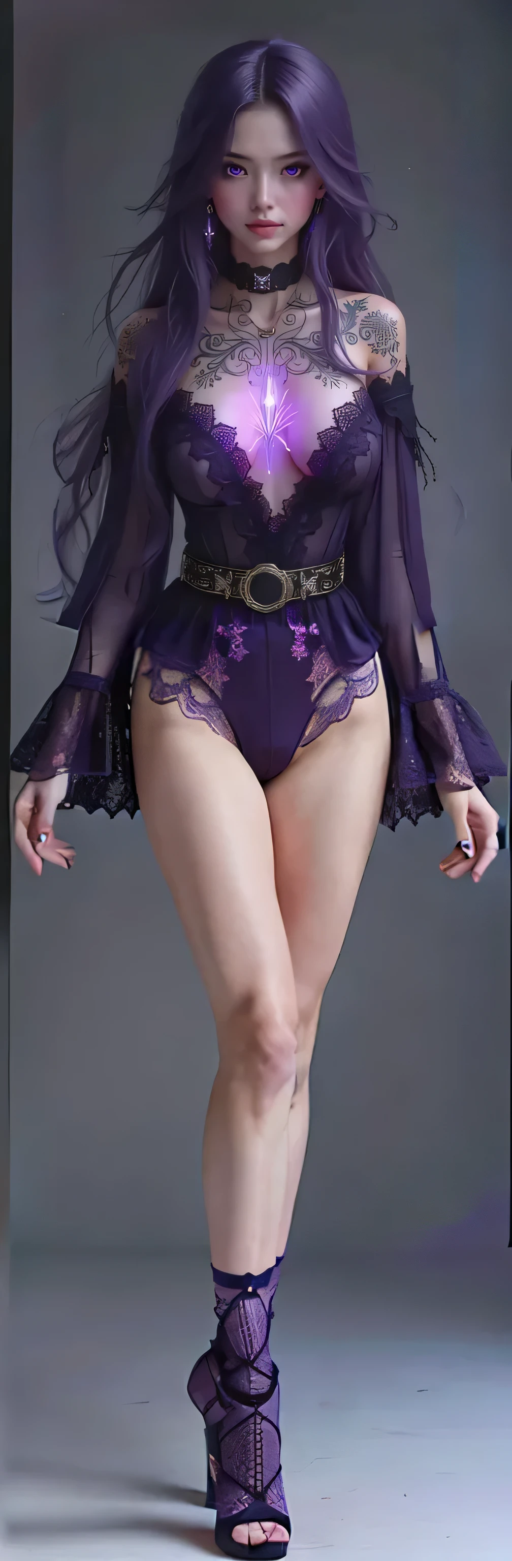 Chinese car model,goddess,Purple transparent lace lingerie,Navel exposed,earrings,Light,simple gray background,solid color background