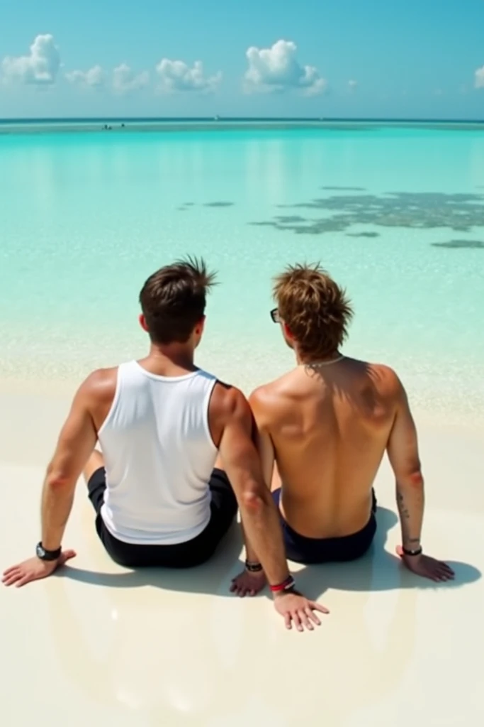 The models are all 2 males aged 1., Good figure with muscles,naked, Total height 2 meters. The two of them looked cheerful and close to each other.. They are Korean with blond hair, white, and tall. Naked guys , big penis, butt plug. The backdrop is a beach., beautiful sea, white sand, Realistic picture. Sitting down, one hugging the other from behind