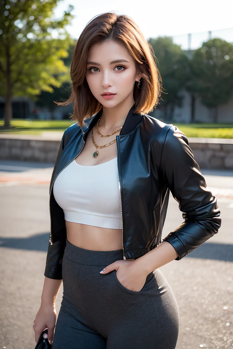 (巨作:1.3), (8K, Photorealistic, OriginalPhoto, Best quality: 1.4)
(1girl huge large breasts，Bustling street posing，)
Beautiful face, (Realistic face：1.3)
Nice hairstyle，(black color hair, Short hair:1.3)
realisticeyes，Nice detail eyes，（Cold eyes：1.2）
Beautiful skins，（Realistic skin）
（Slender legs，Very straight，Pencil legs，)，
（Black trench coat，The coat is printed with roses：1.2）
（White bandeau，The bandeau is printed with the lightning bolt logo：1.4）
（White hot pants，White shoes：1.2）
natural and feminine fingers，absurd res，enticing，Super-High Resolution，Ultra photo realsisim，abundantly detailed，the golden ratio