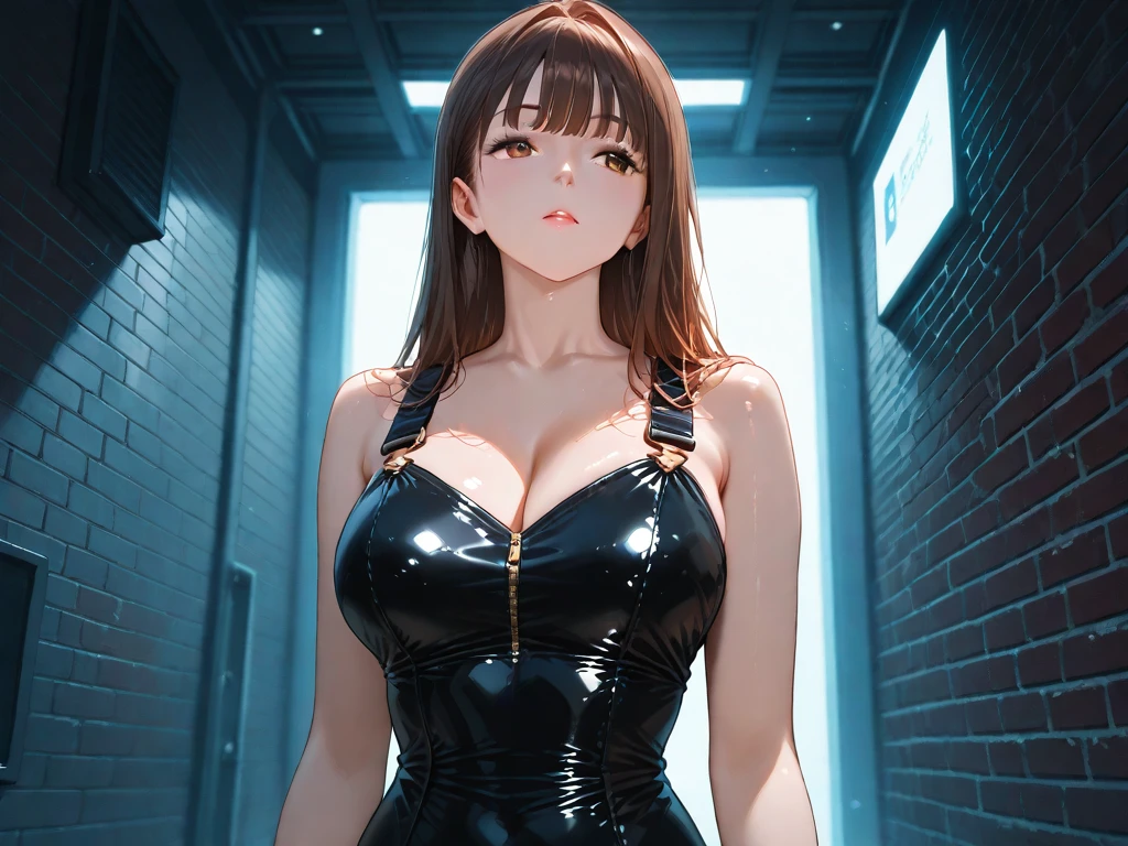 From below，Woman in tight latex clothing，byself，Stand up，with hands behind her back，（（gigantic cleavage breasts）），Huge stacked breasts，Surreal breasts （（Extremely full breasts）），（（Super large）），Big breasts Thin waist，（（（Extremely large breasts））），worried expression，seductiv