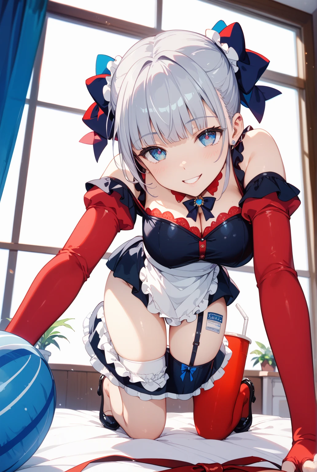 score_9, score_8_up, score_7_up, source_anime, masterpiece, absurdres, medium breasts, perfect face, 1girl, cute expression, amused, smiling, background: bedroom, alisa mikhailovna kujou,tokidoki bosotto roshia-go de dereru tonari no arya-san, long hair, blue eyes, hair between eyes, silver hair, hair ribbon, blue eyes, bare shoulders, white pantyhose, bowtie, rabbit ears, red leotard:1.3, wrist cuffs, strapless, detached collar, fake animal ears, playboy bunny, black bowtie