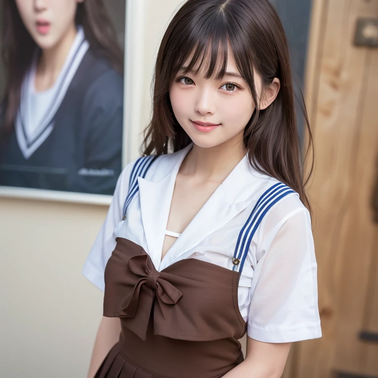(highest quality,masterpiece:1.3,Ultra-high resolution),(Very detailed、Caustics) (Realistic:1.4, RAW shooting、)Ultra-Realistic Capture、Very detailed、Natural skin texture、masterpiece、(junior high school sailor suit:1.3)、Short-sleeved sailor uniform、1 Japanese girl、Adorable expression、Expressions of Happiness、14 years old、Young Face、Amazingly cute、Curly Hair、Black Hair、Scrunchie、light makeup、medium breasts that look like they might burst、Bare arms、This photo was taken in a middle school classroom..、Shining thighs、Shooting from the side、smile、An inviting gaze、The exact number of fingers on each hand、Cowboy Shot、