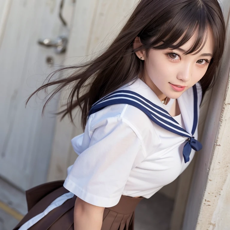 (masterpiece, highest quality:1.2), 8k, official art, RAW photo, incredibly absurd, ( sailor suit, serafuku:1.4), amazing beautiful girl, amazingly cute face, (navy pleated skirt:1.1), close, school uniform, short sleeve, gardenia, violaces, teen, street, looking at the viewer with a smile, no makeup, film grain, chromatic aberration, sharp focus, face light, dynamic lighting, cinematic lighting, detailed eyes and face,short hair、 background bokeh、super slim thighs、((Erotic Panties are showing through、beautiful pussy line:1.1))、(High twin tails with ribbons:1.4),,(((A child with an extremely cute young face:1.35))), 、(very young  with big breasts:1.2)