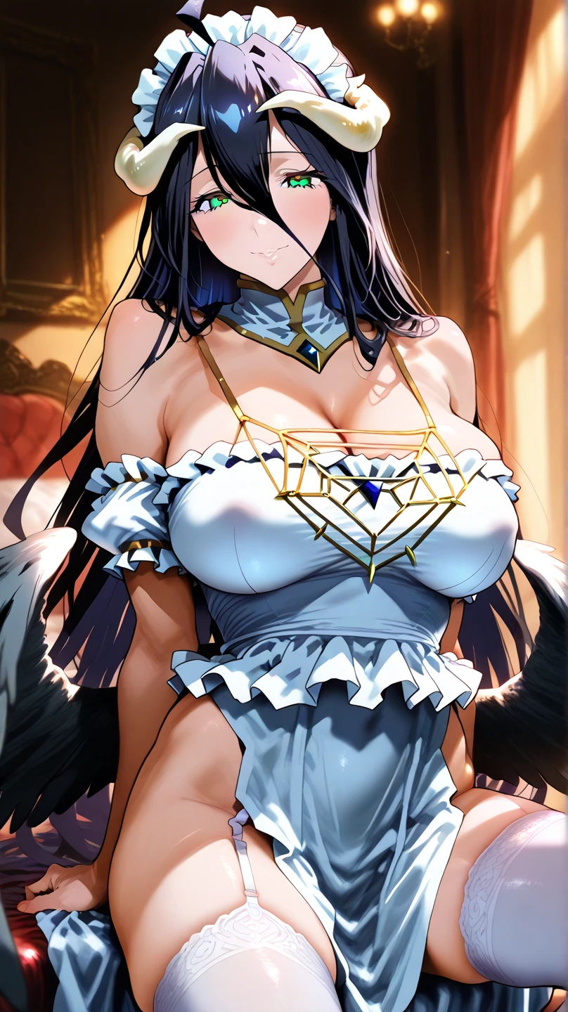 score_9, score_8_up, score_7_up, source_anime, big breasts, outfit, 1 girl, pussy, Chin Grab, cum in mouth, Albedo (Overlord)