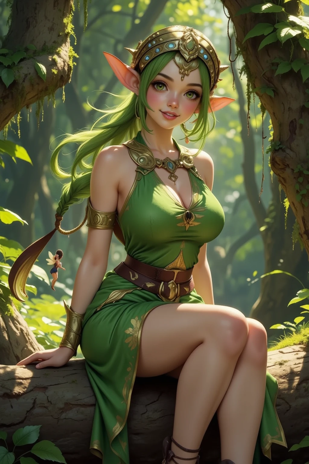 (Masterpiece - Ultra-Detailed, High Resolution) Prepare to be enchanted by a true masterpiece that combines ultra-detailed art with high-resolution rendering. This work shows a mesmerizing and sexy young elf with very large breasts and red hair. Green eyes, transparent white dress, with a snake wrapped around her neck, bathing in a waterfall, sitting in the water, looking back, with forest and waterfall as an illustration. Get ready to dive into a world where beauty and craftsmanship merge perfectly.