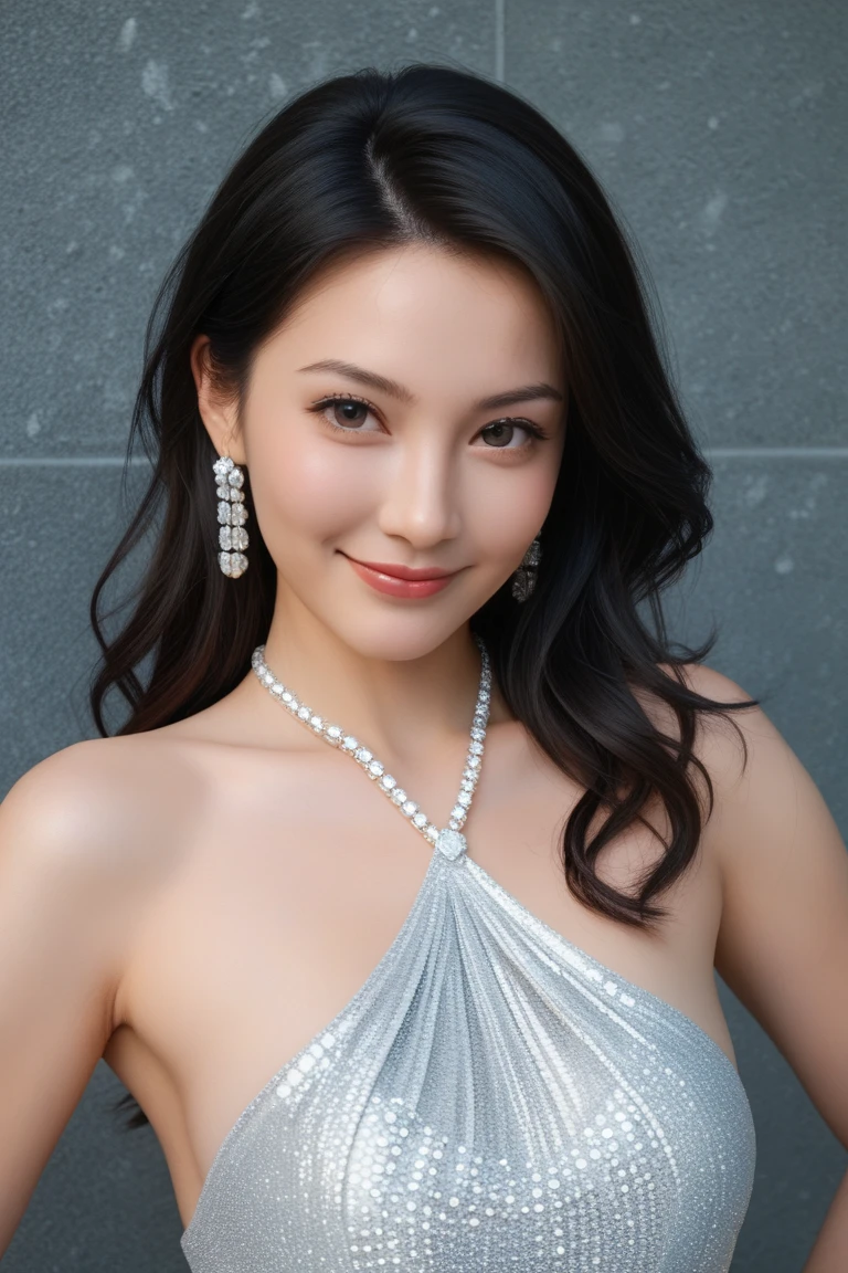 Best quality, masterpiece, high resolution, 1girl, clear silk porcelain dress, beautiful face, hair accessories, looking at the audience, smiling, close your mouth, lips, dress, hair accessories, necklaces, jewelry, long hair, earrings, beautiful face, on the body, Tindal effect, realism, (full body), dark studio, edge lighting, two-tone lighting, (high detail skin: 1.2), 8k UHD, DSLR, soft light, high quality, volumetric lighting, (huge breasts, cleavage), photo, high resolution 4K, 8k, blurred background