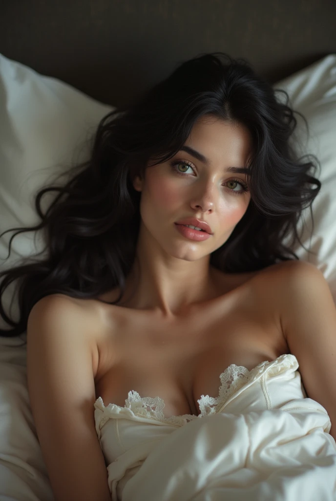 ((The perspective of the voyeur)) A beautiful and young girl.Her facial features are exquisite and completely correspond to the golden ratio of the human anatomy. she is naked.Lie on your side on the bed, in a natural and relaxed posture.Her beautiful figure stands out.Her long, black hair lay spread out on the pillow.