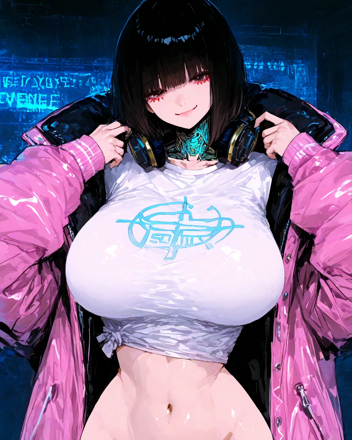 Highest quality、masterpiece、One girl、Neon Town、Round glasses、Black Hair、short hair、Ecstasy face、Big Breasts、Transparent nipples