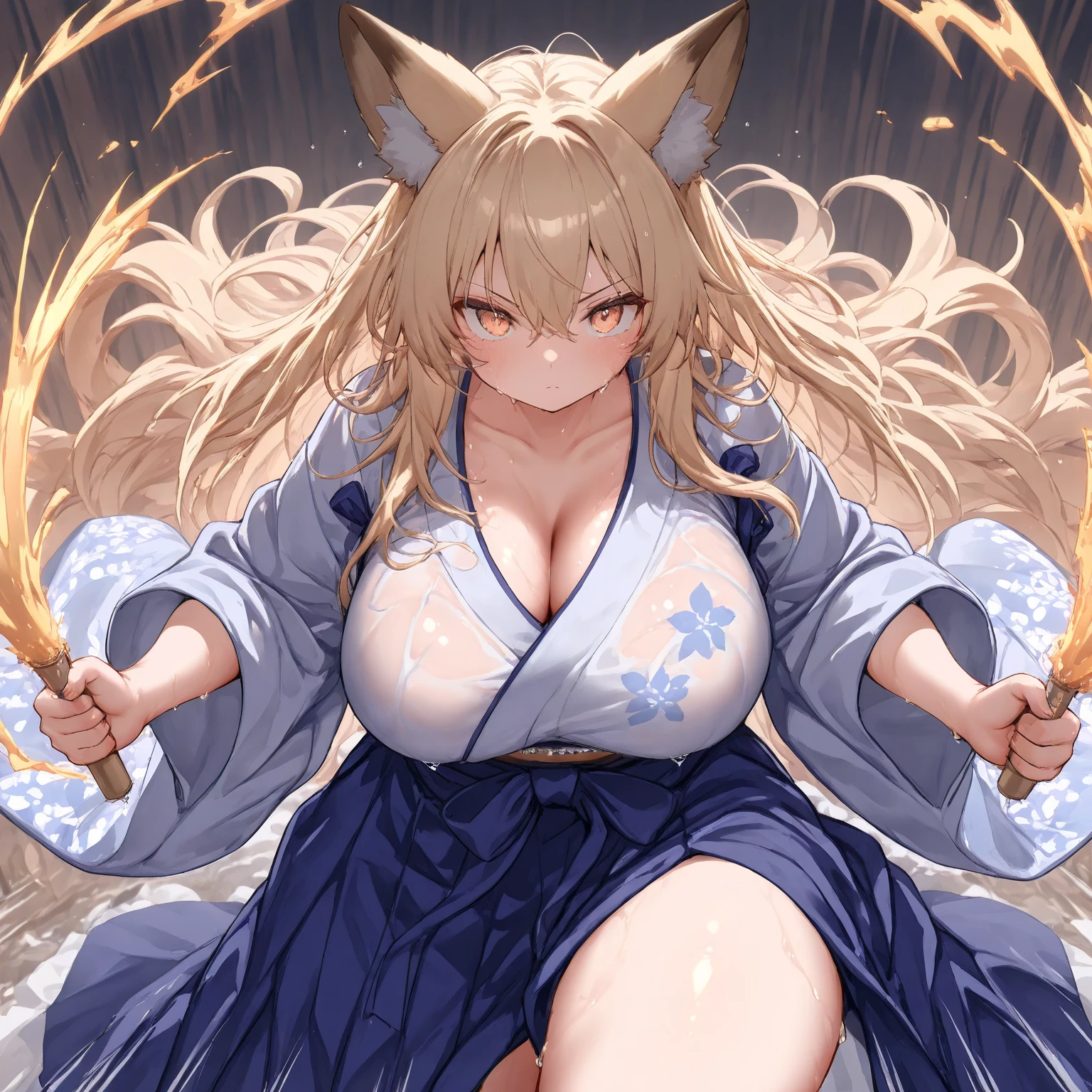 (masterpiece),(best quality),(ultra-detailed),(very aesthetic),nsfw,BREAK,solo,1girl,30 years old,curvy,large breasts,tall,stout build,(toned:0.7),bewitching,(fox tail),blonde fox ears,short hair,blonde hair,beautiful face,(brown eyes),(messy hair),disheveled hair,hair intakes,(fusion of dark green gradient flower print kimono and pelvic curtain:1.2),(loose chest:0.5),clenching teeth,serious,sentimental emotion,incoming attack,assaulting,katana,slahing the katana down at high speed,The trajectory of the blade as it was swung down glows purple aura,tabi,bandaged hand,(japanese shrin,plaza),(scar on cheek,scar on breasts:1.2),cowboy shot