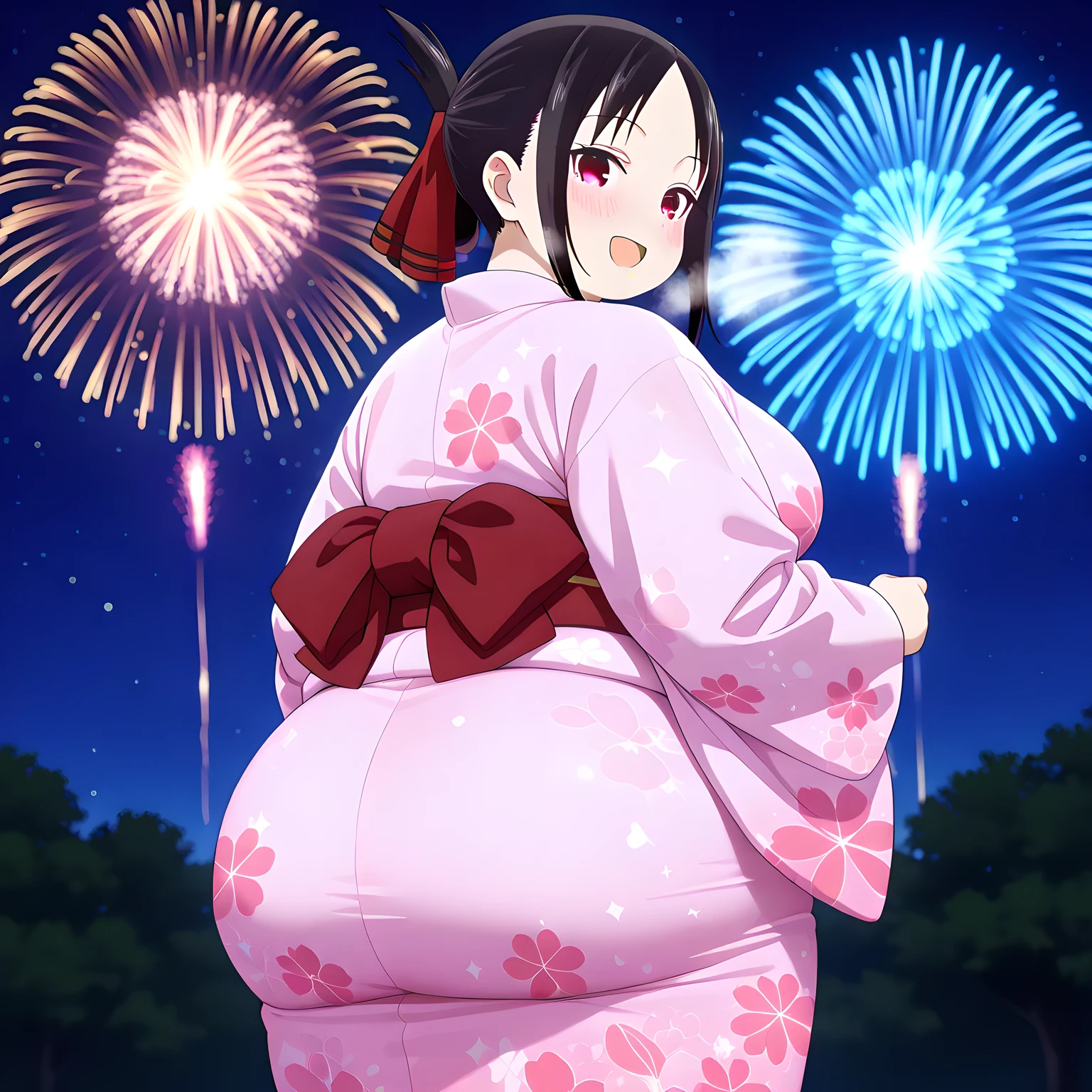 masterpiece,best quality,{{detailed beautiful face and eyes}}, very detailed background,
Shinomiya Kaguya,short hair,black hair,folded ponytail,parted bangs,sidelocks,hair ribbon,red ribbon,red eyes,small breasts,
solo,1girl,((kimono)),
aerial fireworks, blurry background, blush,fireworks,
smile,from behind,looking at viewer,looking back,night,night sky,outdoors, sparkle,clothed fat, chubby, obese, gigantic arms and legs, large breasts open mouth, out of breath