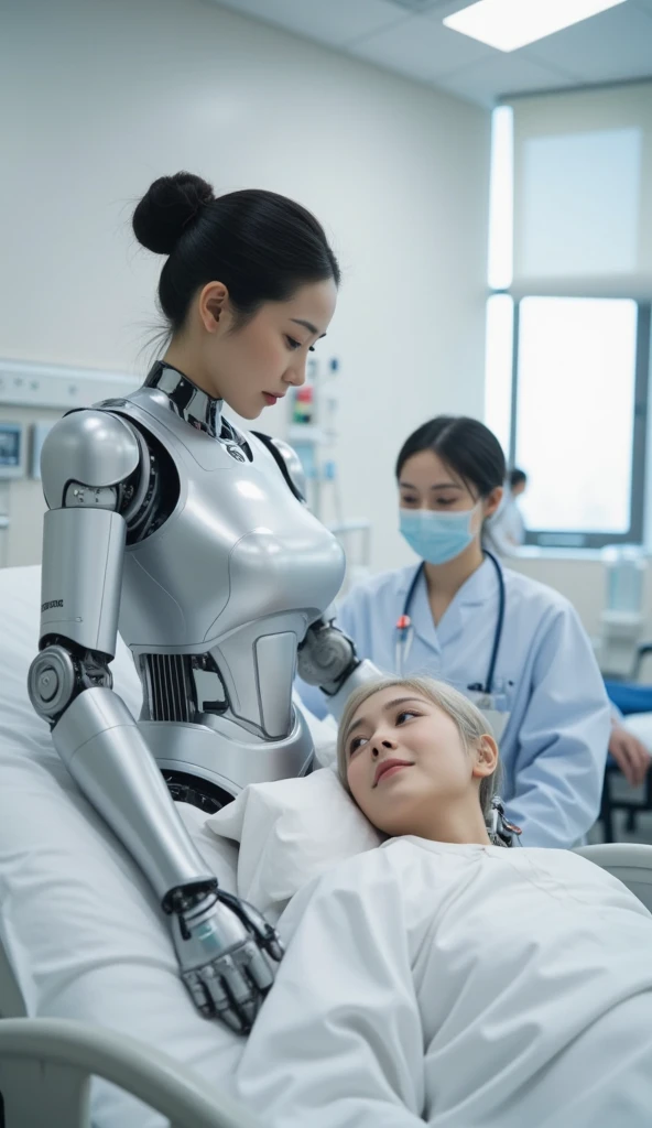 female robot wearing hijab, white breasts, pink lips, white body, robotic arms, long nails, seductive expression, stroking a teenage b