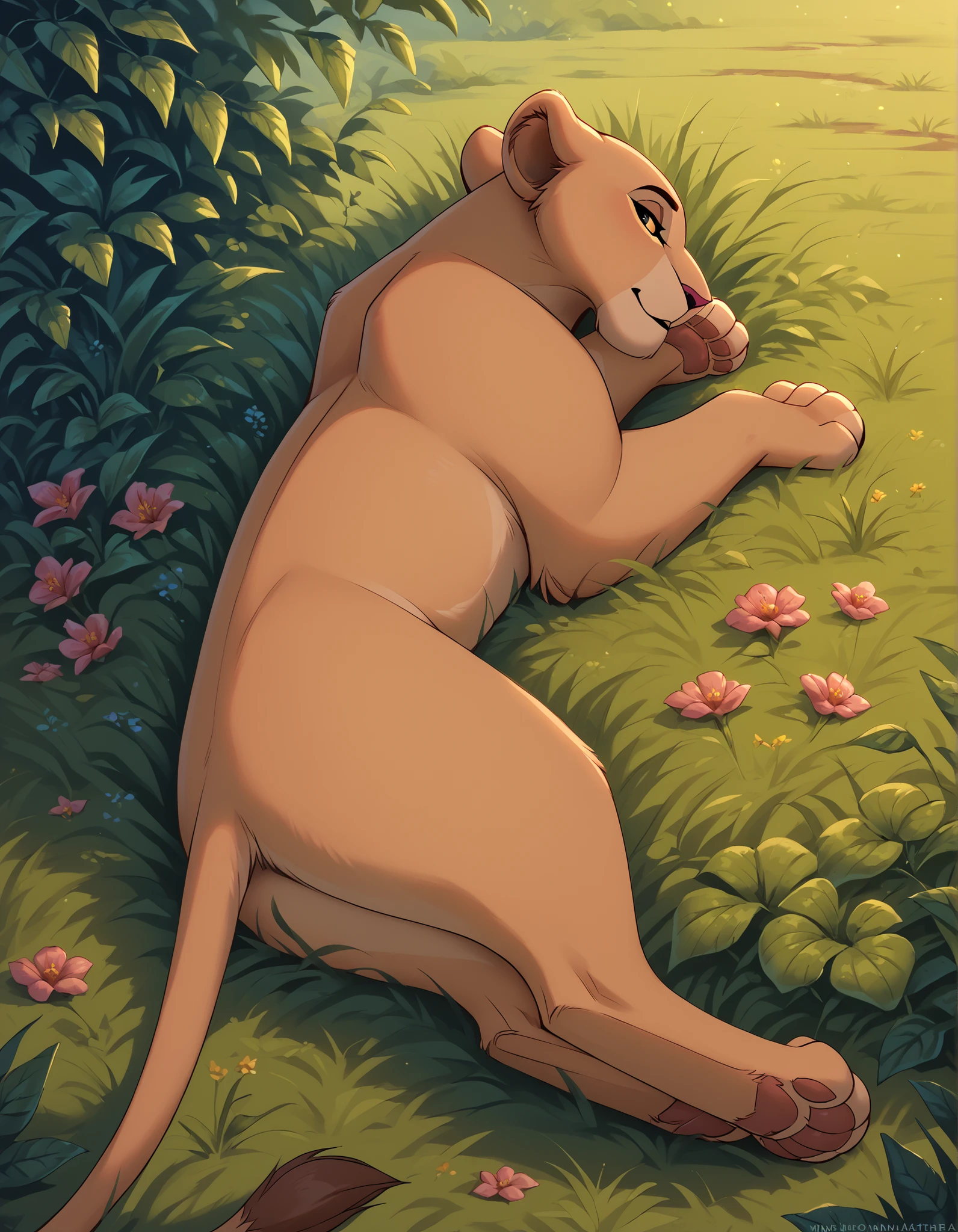 Lioness, female, lying on side, liyng tigether, Feral, back view, detailed background, full body, narrowed eyes, 4 fingers, paws,